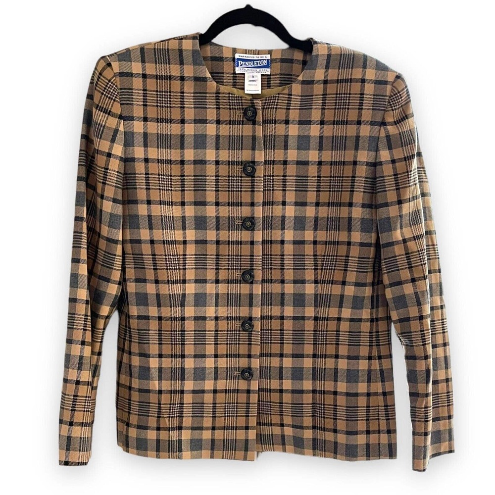 Pendleton Vintage 1990s women US 8 100% virgin wool Brown Gold Tan plaid blazer